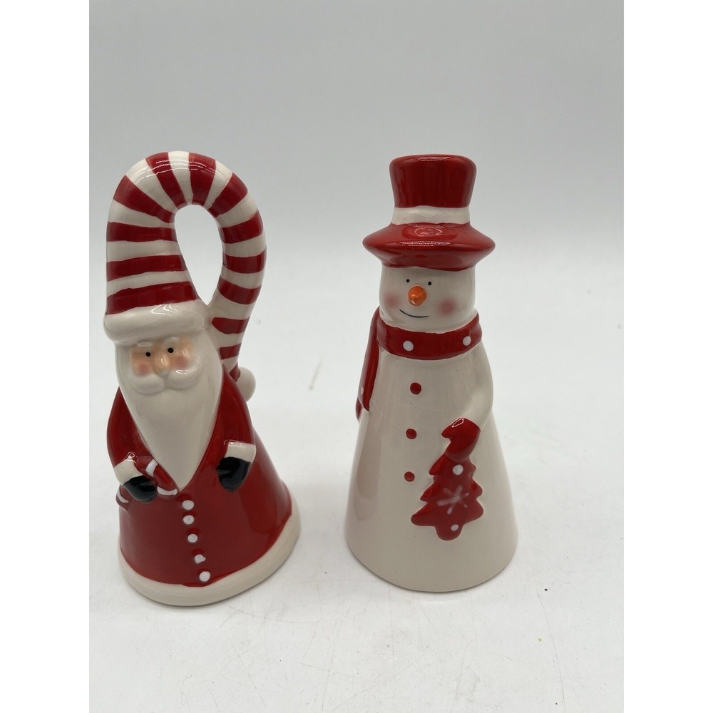 Ceramic Christmas Holiday Bell  Santa and Snowman Set Of 2